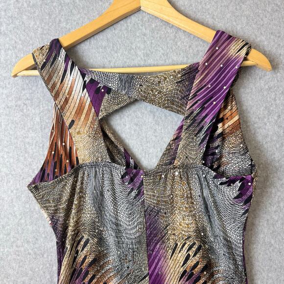 Y2K sleeveless babydoll maxi dress multi-color abstract print V-neckline Studded - Picture 5 of 14